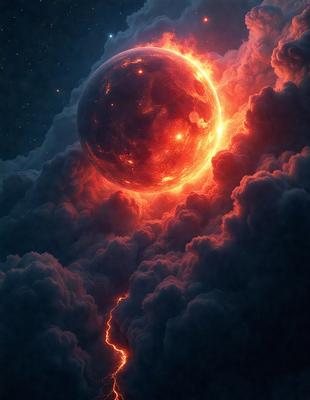 The primary subject of the image is a red, glowing planet or moon, which is the main focus of the scene. The setting is a cloudy sky, with the planet or moon being the central point of interest. The visual style of the image is digital art, as it appears to be a computer-generated or digitally manipulated image. The dominant colors in the image are red and orange, creating a warm and vibrant atmosphere.